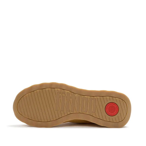 FitFlop Ladies yellow/beige leather and textile lace-up trainers with retro design and rubber outsole featuring branding.