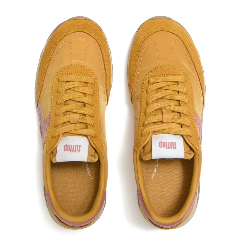 FitFlop A5P-E10 Retro-Q FF women's yellow/beige leather and textile lace-up trainers, stylish and comfortable footwear.