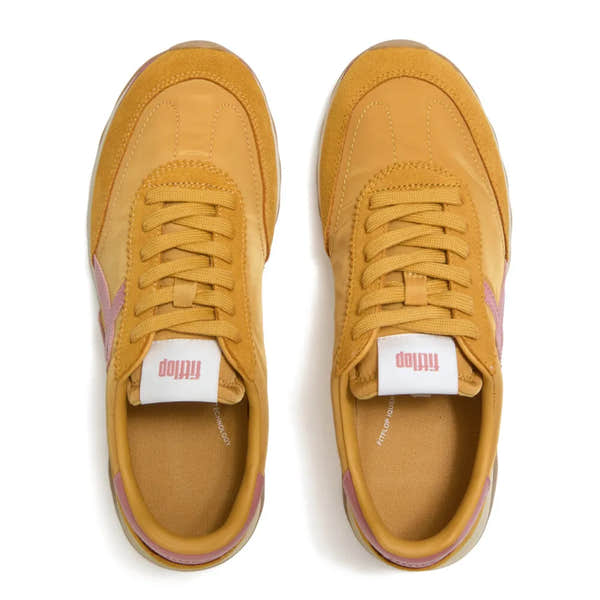 FitFlop A5P-E10 Retro-Q FF women's yellow/beige leather and textile lace-up trainers, stylish and comfortable footwear.