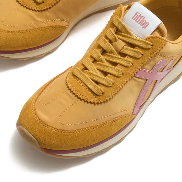 FitFlop A5P-E10 Retro-Q Ladies Yellow/Beige Leather and Textile Lace-Up Trainers with pink accents.