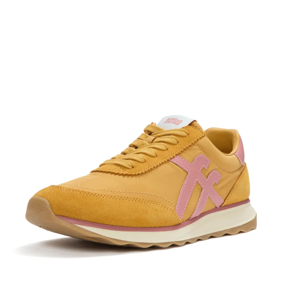 FitFlop Retro-Q FF women's yellow and pink leather and textile lace-up trainers with suede accents.