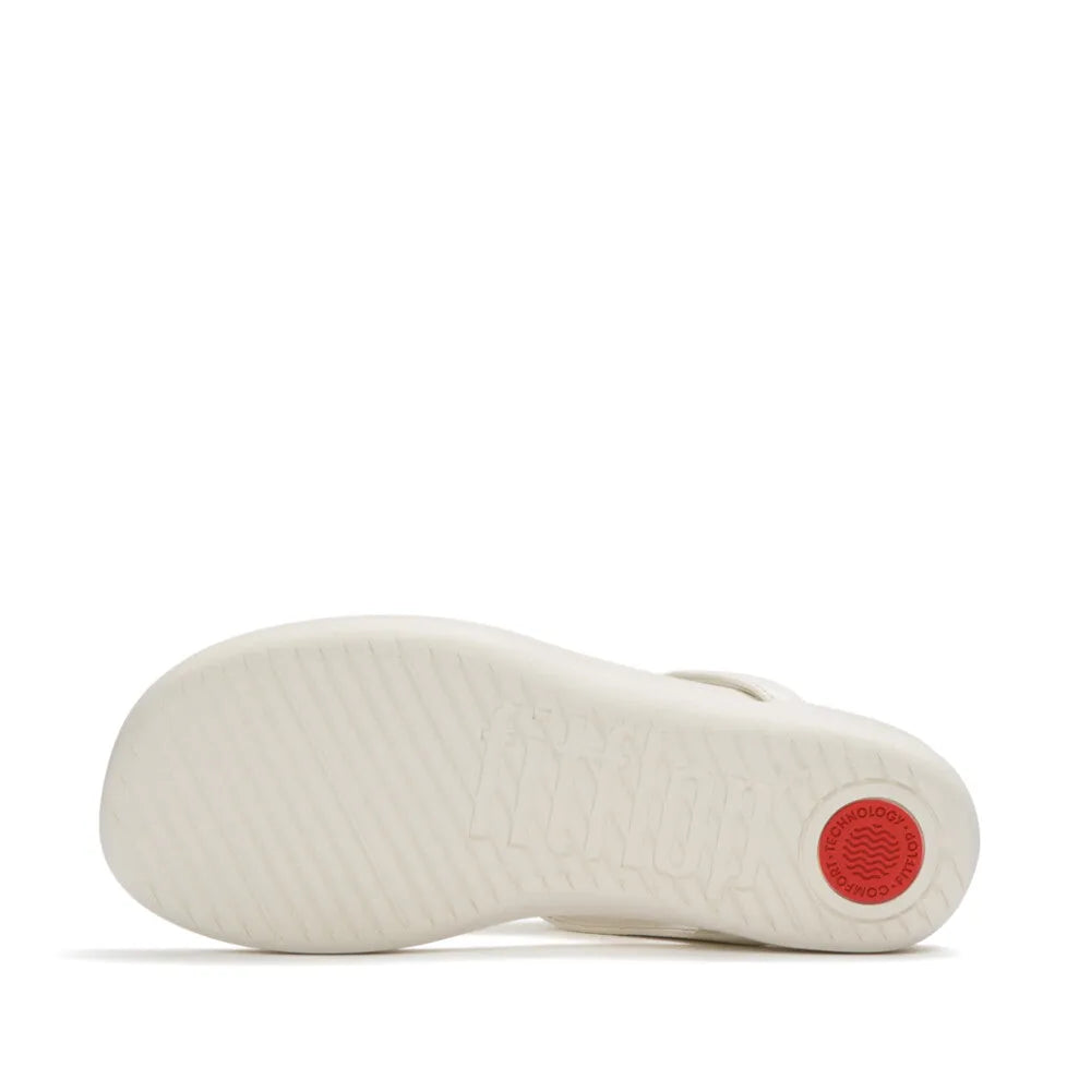 FitFlop Solay Glossy-Disc Ladies Cream T-bar Sandals with cork sole and glossy disc embellishments.