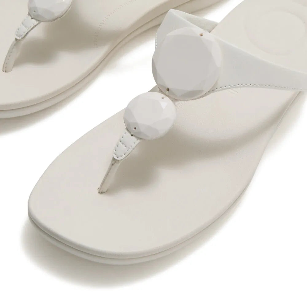 FitFlop Solay Glossy Disc Ladies Cream T-bar Sandals with decorative white faceted beads on straps.