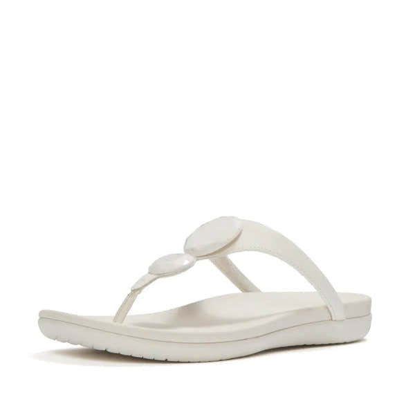 FitFlop Solay Glossy-Disc Ladies Cream T-bar Sandals with glossy disc decor, comfortable sole, and open toe design.