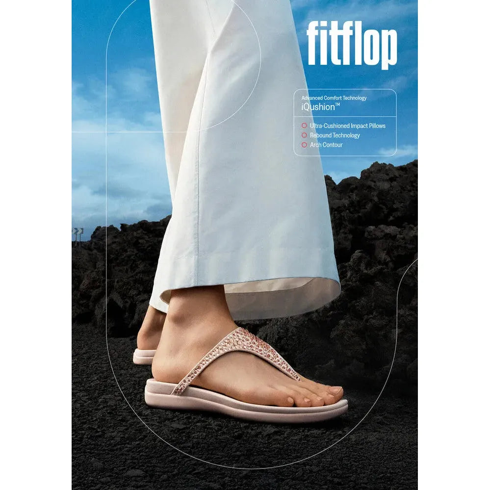FitFlop Solay mixed-crystal nude rose T-strap sandals with cushioned footbed and arch support.