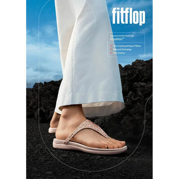 FitFlop Solay mixed-crystal nude rose T-strap sandals with cushioned footbed and arch support.