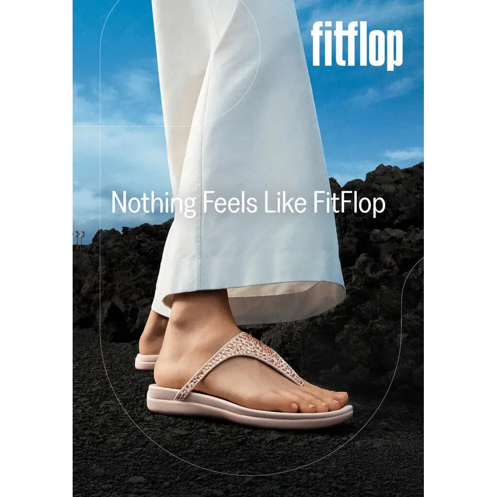 FitFlop Solay mixed-crystal nude rose T-strap sandals, women's open-toe slides, cushioned sole, stylishly designed for comfort.