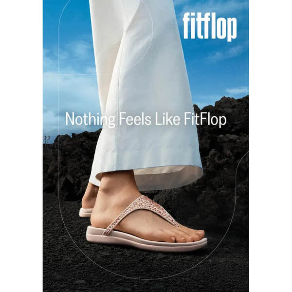 FitFlop Solay mixed-crystal nude rose T-strap sandals, women's open-toe slides, cushioned sole, stylishly designed for comfort.