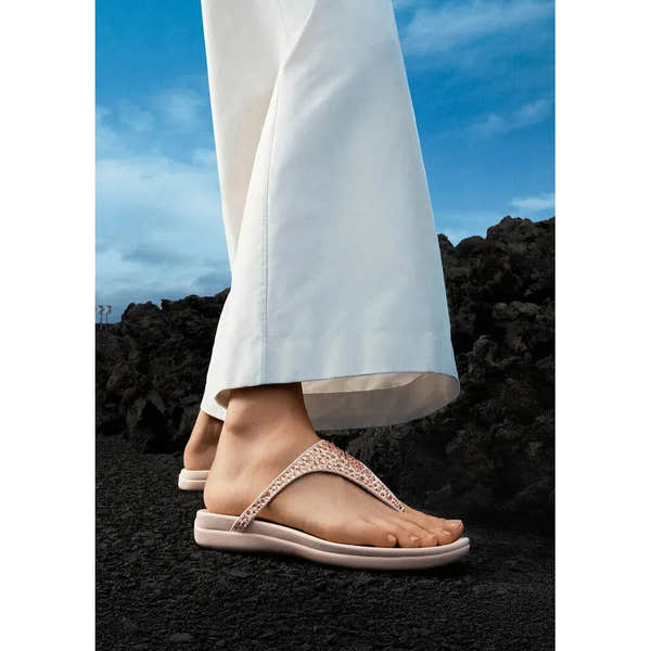 FitFlop Solay women's nude rose T-bar sandals with mixed crystal straps, flat sole, and open toe.
