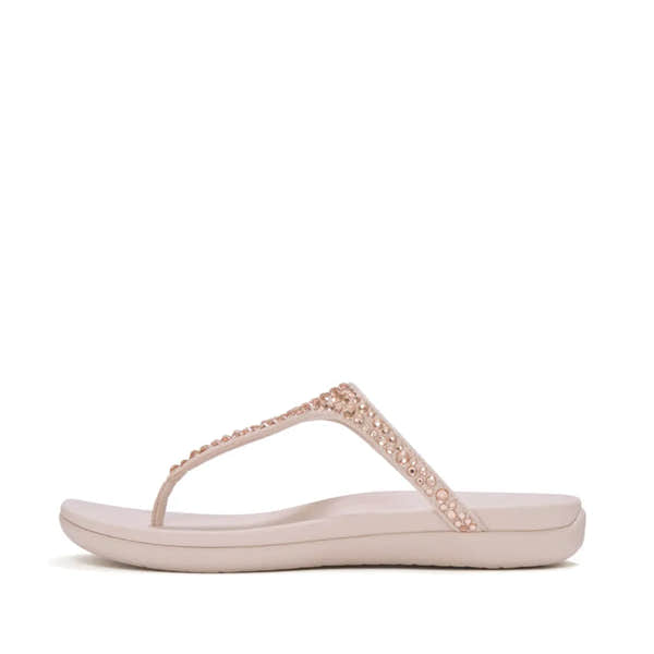 FitFlop Solay women's nude rose T-strap sandals with mixed crystals, cushioned sole, and fashionable design.