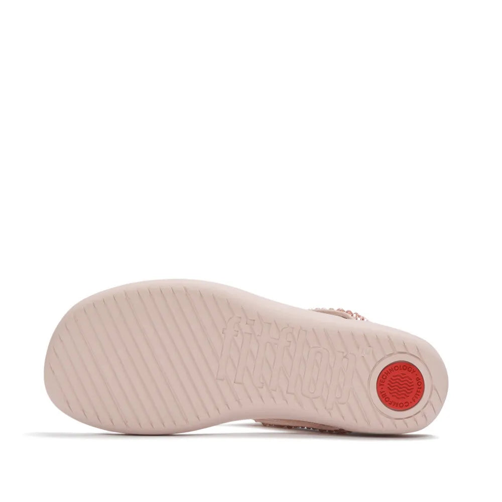 FitFlop A5Y-C53 Solay women's T-strap sandals in nude rose with mixed crystals and textured sole, ideal for stylish comfort.