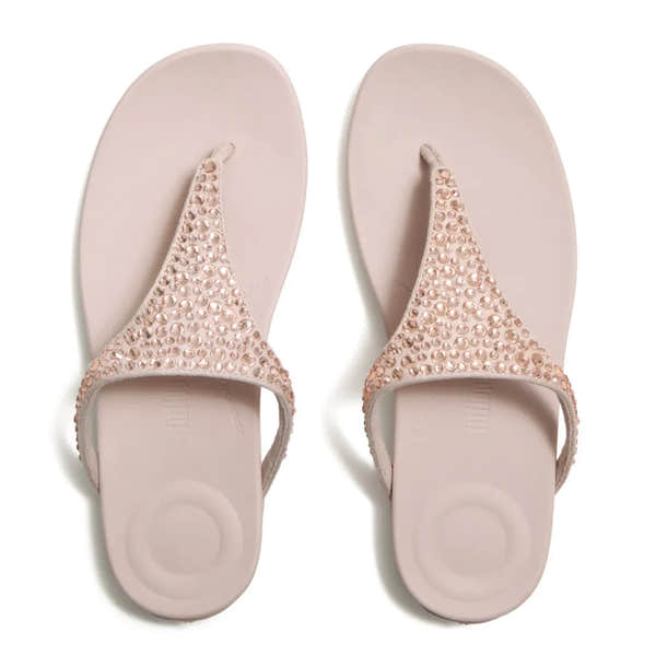 FitFlop Solay women's nude rose T-strap sandals with mixed crystals and cushioned footbed.