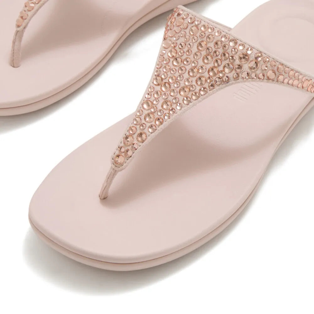 FitFlop Solay women's nude rose T-bar sandals with mixed crystal embellishments and cushioned footbed.