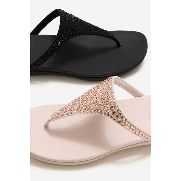 FitFlop Solay mixed-crystal T-strap sandals for women, nude rose and black, with crystal embellishments and cushioned footbeds.