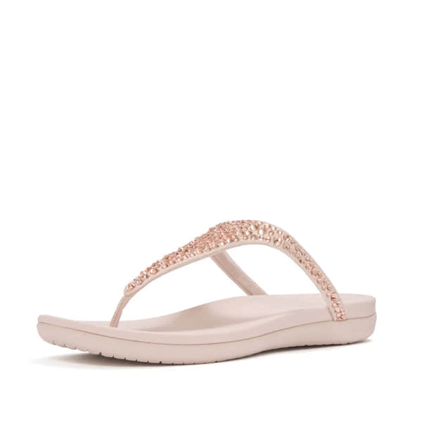 FitFlop Solay Women's Nude Rose T-Bar Sandals with Mixed-Crystal Embellishments.