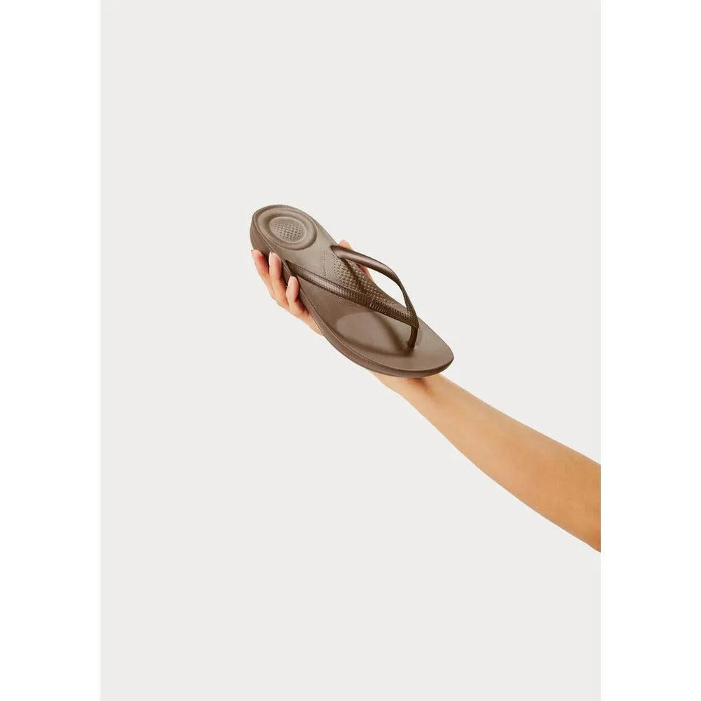 FitFlop E54-012 Iquishion Ladies Bronze T-Bar Sandals, lightweight, cushioned flip-flops with bronze T-strap design, perfect for summer wear.