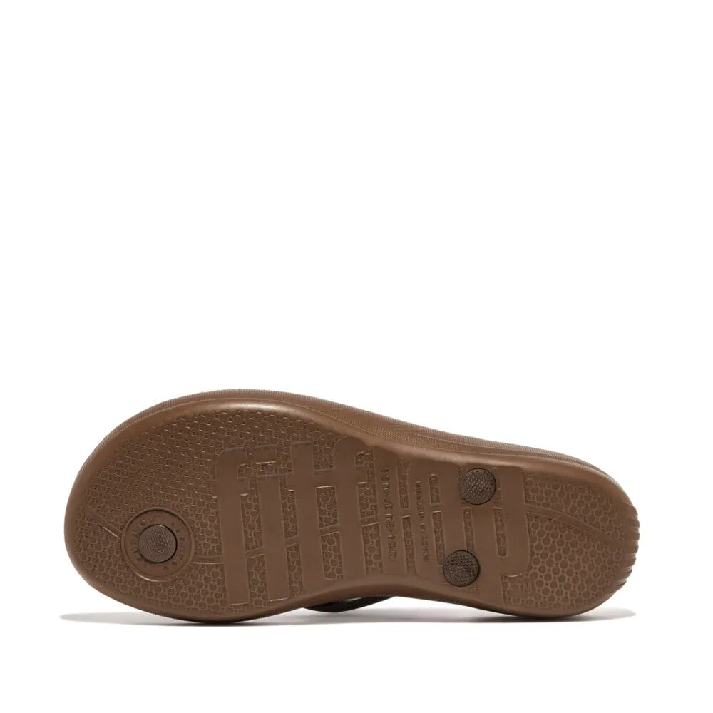 FitFlop E54-012 Iquishion women's bronze T-strap sandals with cushioned footbed and slip-resistant sole.