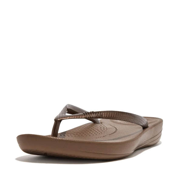 FitFlop E54-012 Iquishion Ladies Bronze T-Bar Sandals, lightweight flip-flops with metallic bronze finish and cushioned footbed.