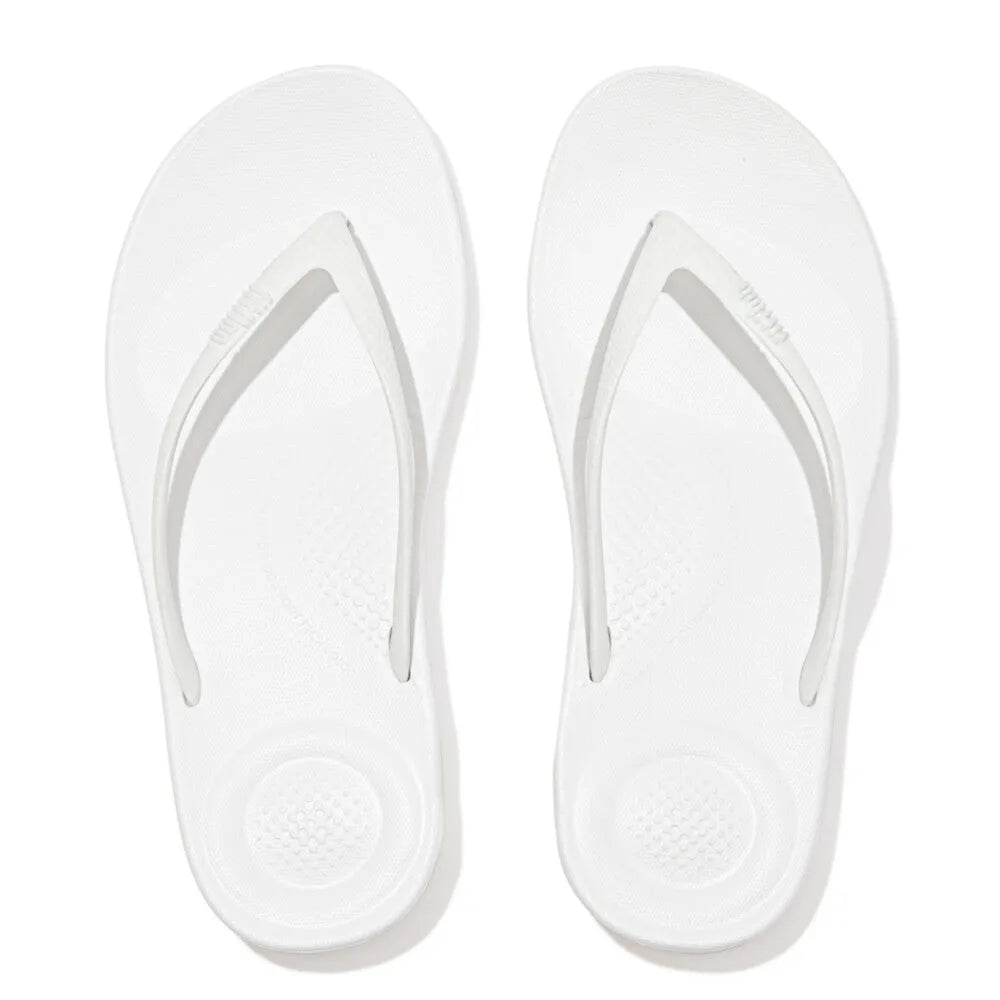 FitFlop E54-194 Iquishion Ladies White Urban T-bar Sandals, breathable flip-flops with textured footbed for casual wear.