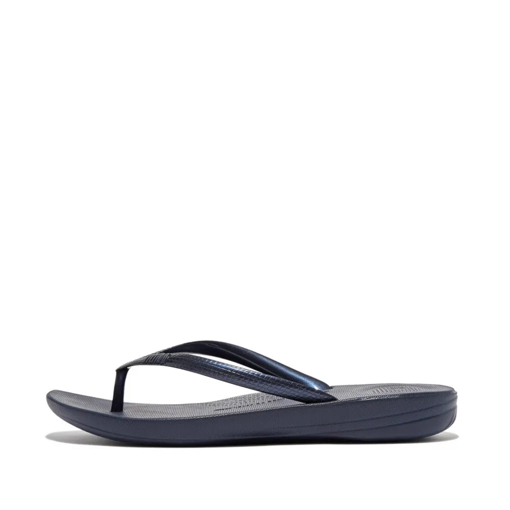 FitFlop E54-399 Iquishion Ladies Midnight Navy T-bar Sandals, cushioned footbed, rubber sole, stylish navy T-strap design.