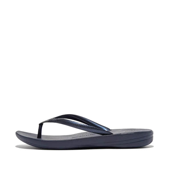 FitFlop E54-399 Iquishion Ladies Midnight Navy T-bar Sandals, cushioned footbed, rubber sole, stylish navy T-strap design.