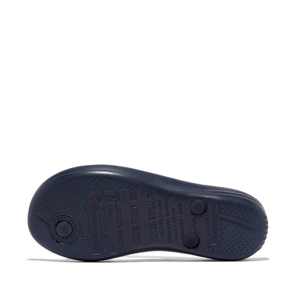 FitFlop E54-399 Iquishion Ladies Midnight Navy T-bar Sandals, with textured sole and cushioned footbed, stylish and comfortable for women.