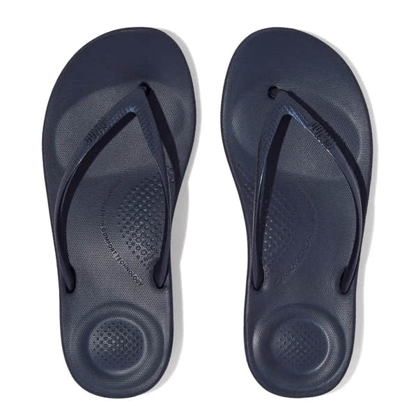 FitFlop E54-399 Iquishion Ladies Midnight Navy T-bar Sandals, cushioned thong-style sandals with textured footbed and slip-resistant sole.