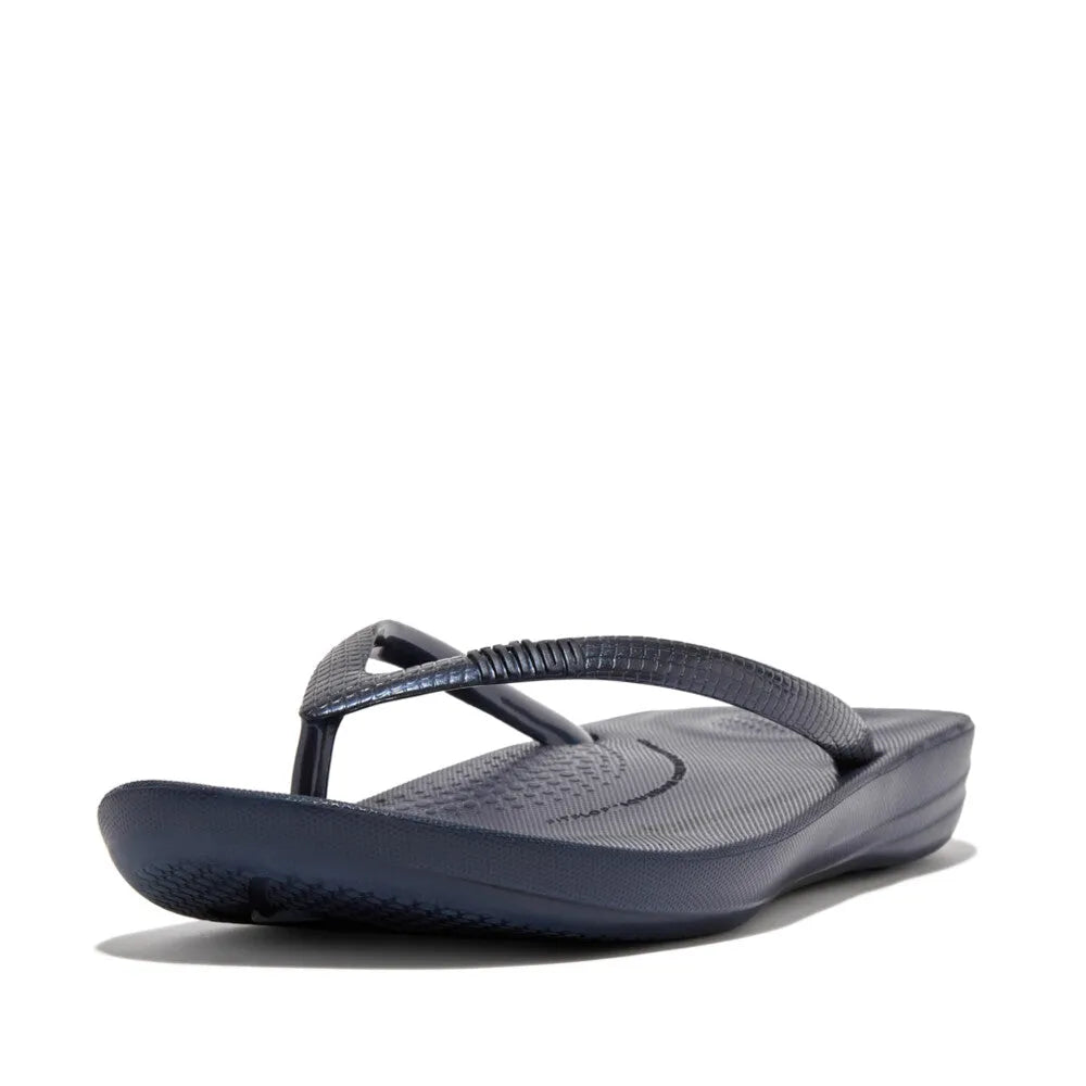 FitFlop E54-399 Iquishion women's midnight navy T-strap sandals with cushioned footbed and slip-resistant sole.