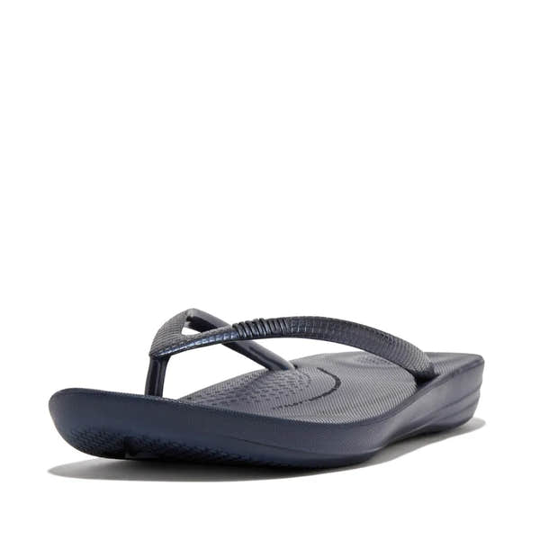 FitFlop E54-399 Iquishion women's midnight navy T-strap sandals with cushioned footbed and slip-resistant sole.