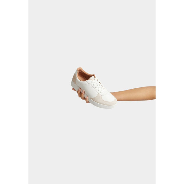 FitFlop FQ1-A57 Rally Leather And Suede Panel Ladies White & Paris Grey Leather & Suede Arch Support Lace Up Trainers-elevate your sole