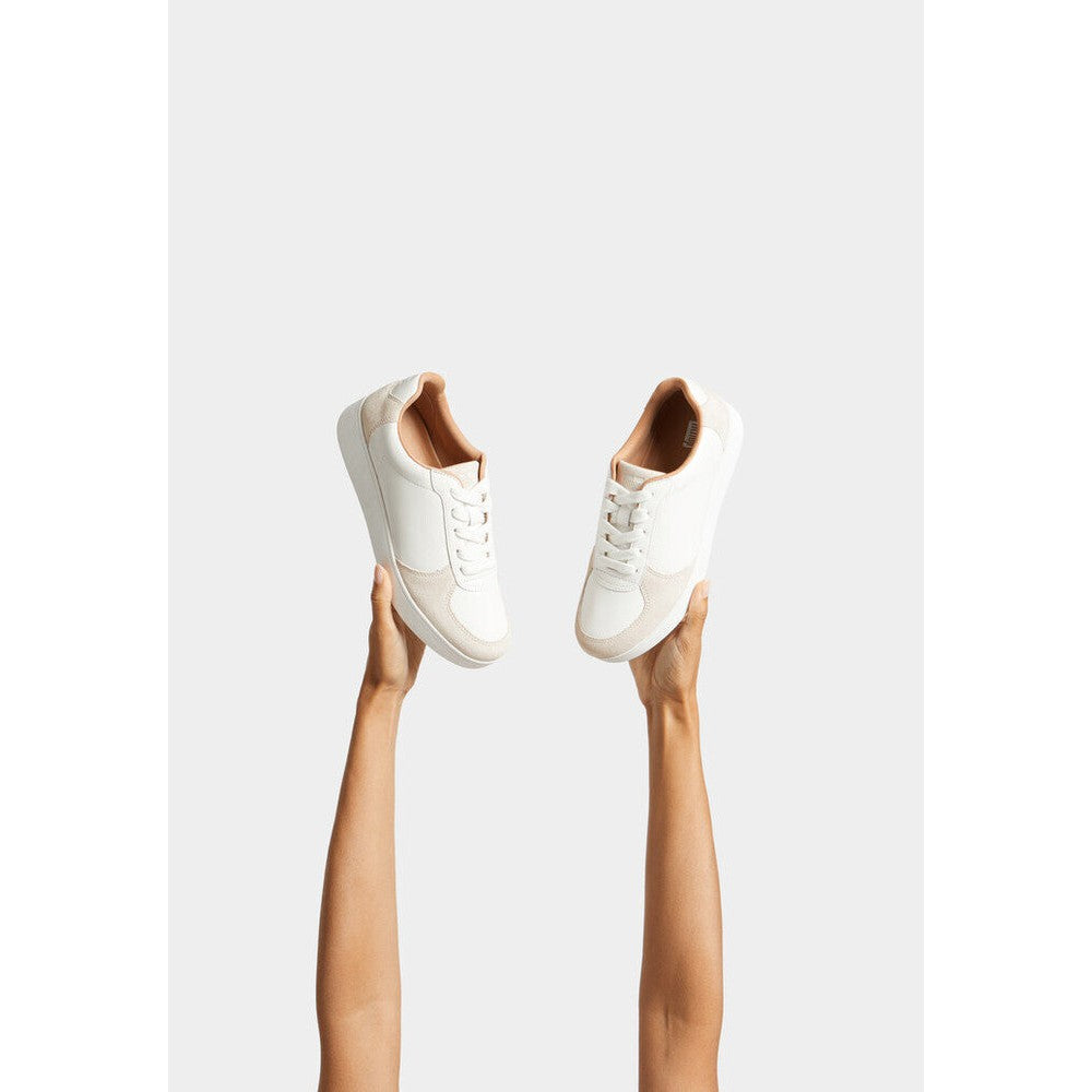 FitFlop FQ1-A57 Rally Leather And Suede Panel Ladies White & Paris Grey Leather & Suede Arch Support Lace Up Trainers-elevate your sole
