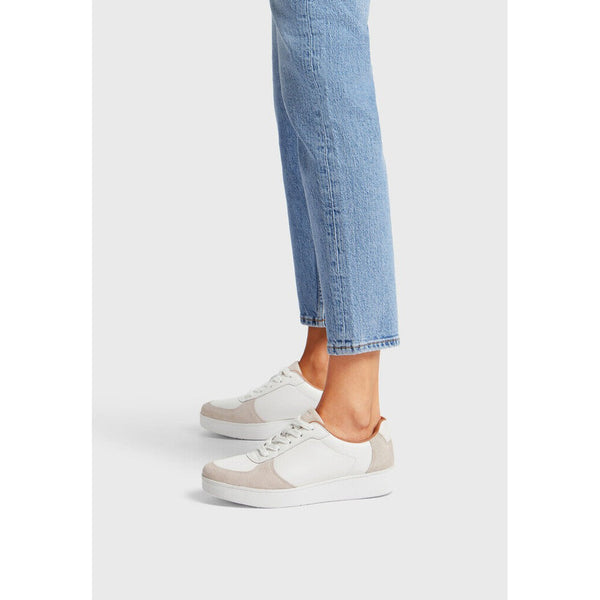 FitFlop FQ1-A57 Rally Leather And Suede Panel Ladies White & Paris Grey Leather & Suede Arch Support Lace Up Trainers-elevate your sole