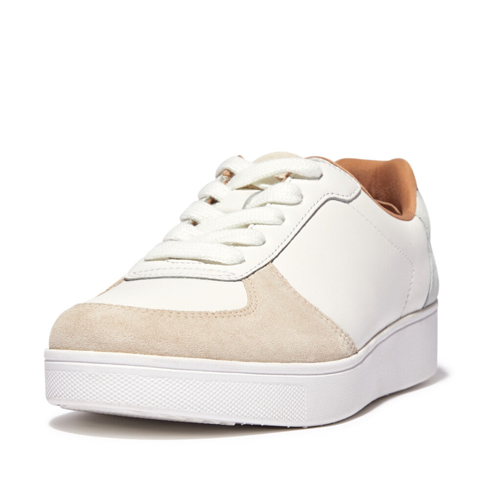 FitFlop FQ1-A57 Rally Leather And Suede Panel Ladies White & Paris Grey Leather & Suede Arch Support Lace Up Trainers-elevate your sole