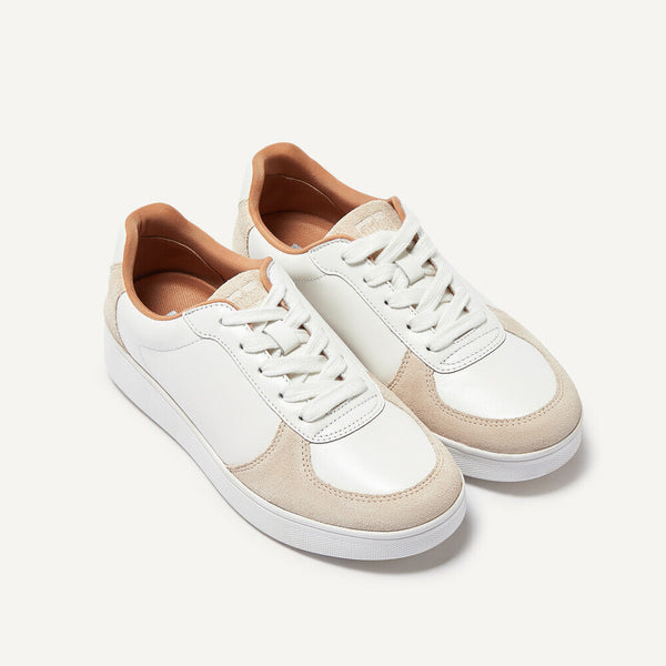 FitFlop FQ1-A57 Rally Leather And Suede Panel Ladies White & Paris Grey Leather & Suede Arch Support Lace Up Trainers-elevate your sole