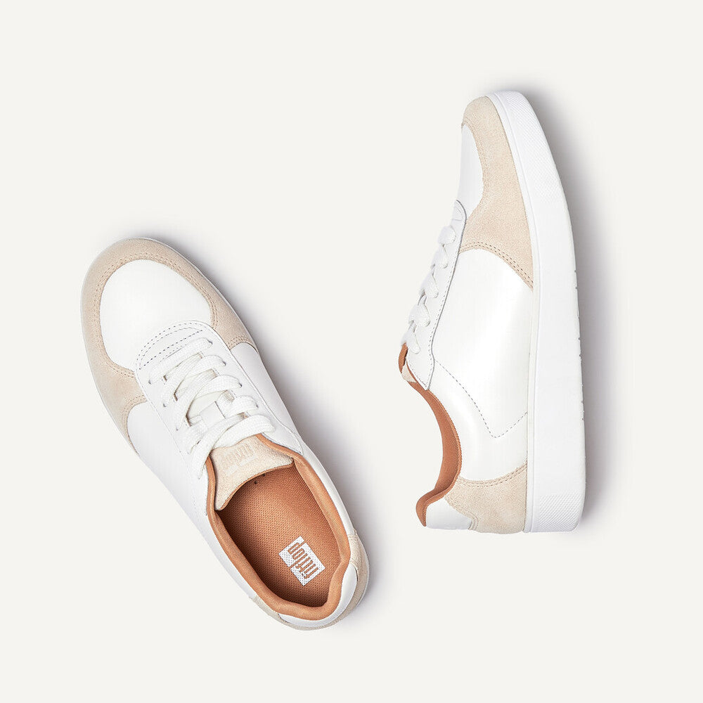 FitFlop FQ1-A57 Rally Leather And Suede Panel Ladies White & Paris Grey Leather & Suede Arch Support Lace Up Trainers-elevate your sole