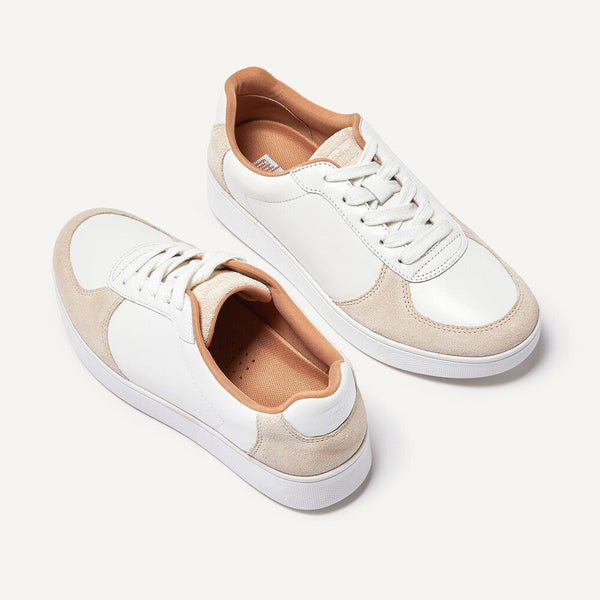 FitFlop FQ1-A57 Rally Leather And Suede Panel Ladies White & Paris Grey Leather & Suede Arch Support Lace Up Trainers-elevate your sole