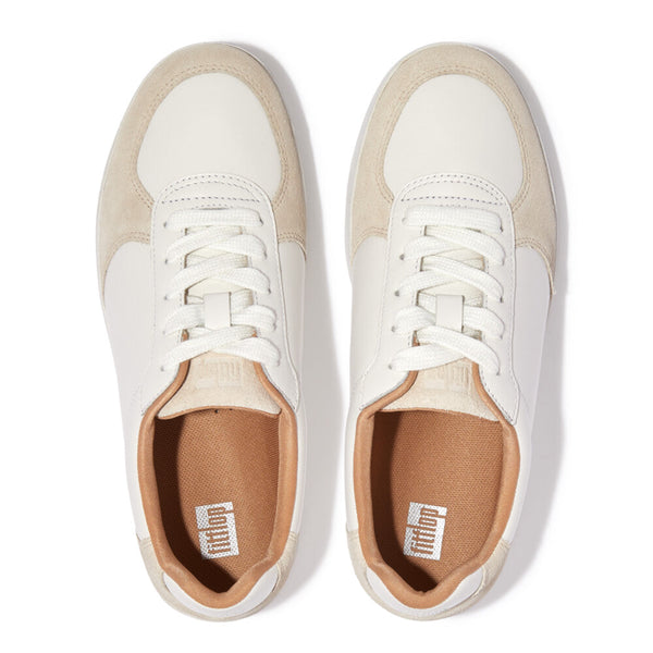 FitFlop FQ1-A57 Rally Leather And Suede Panel Ladies White & Paris Grey Leather & Suede Arch Support Lace Up Trainers-elevate your sole