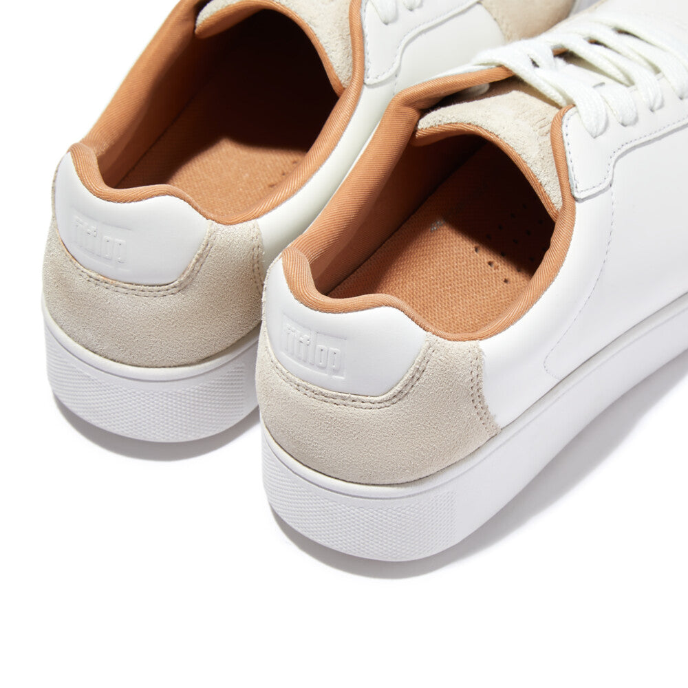 FitFlop FQ1-A57 Rally Leather And Suede Panel Ladies White & Paris Grey Leather & Suede Arch Support Lace Up Trainers-elevate your sole
