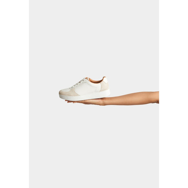 FitFlop FQ1-A57 Rally Leather And Suede Panel Ladies White & Paris Grey Leather & Suede Arch Support Lace Up Trainers-elevate your sole