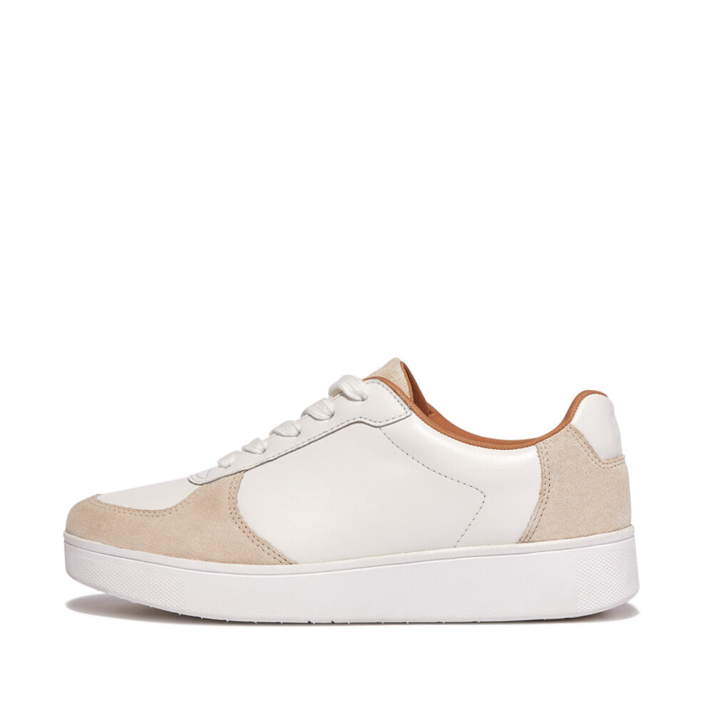 FitFlop FQ1-A57 Rally Leather And Suede Panel Ladies White & Paris Grey Leather & Suede Arch Support Lace Up Trainers-elevate your sole