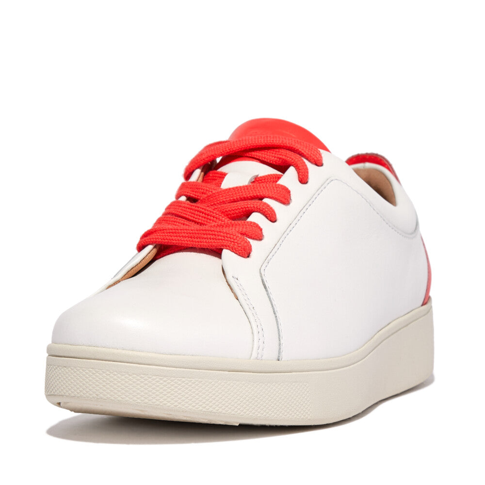 FitFlop FV9-A56 Rally Neon-Pop Ladies White & Orange Leather Arch Support Lace Up Trainers-elevate your sole