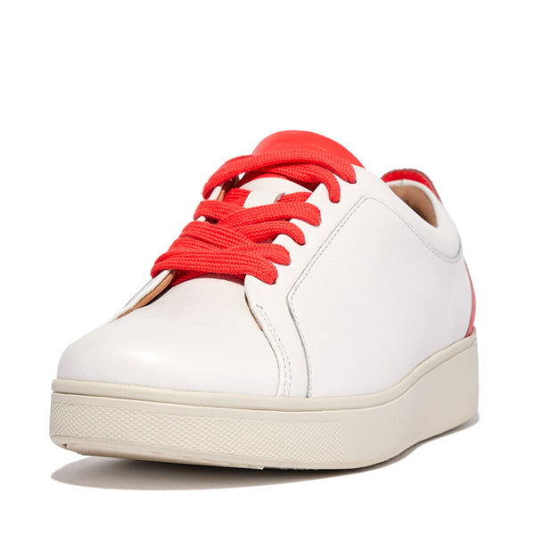 FitFlop FV9-A56 Rally Neon-Pop Ladies White & Orange Leather Arch Support Lace Up Trainers-elevate your sole