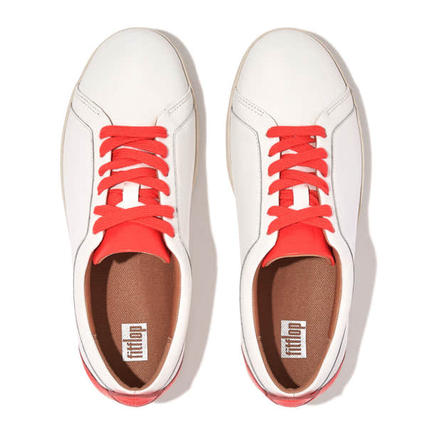 FitFlop FV9-A56 Rally Neon-Pop Ladies White & Orange Leather Arch Support Lace Up Trainers-elevate your sole