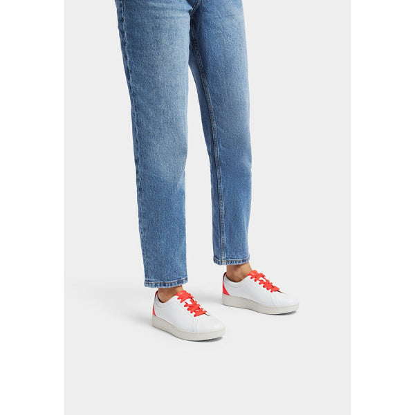 FitFlop FV9-A56 Rally Neon-Pop Ladies White & Orange Leather Arch Support Lace Up Trainers-elevate your sole