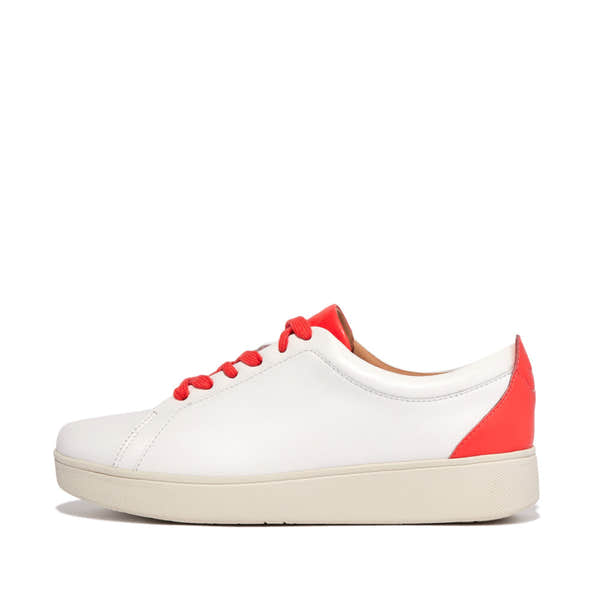 FitFlop FV9-A56 Rally Neon-Pop Ladies White & Orange Leather Arch Support Lace Up Trainers-elevate your sole