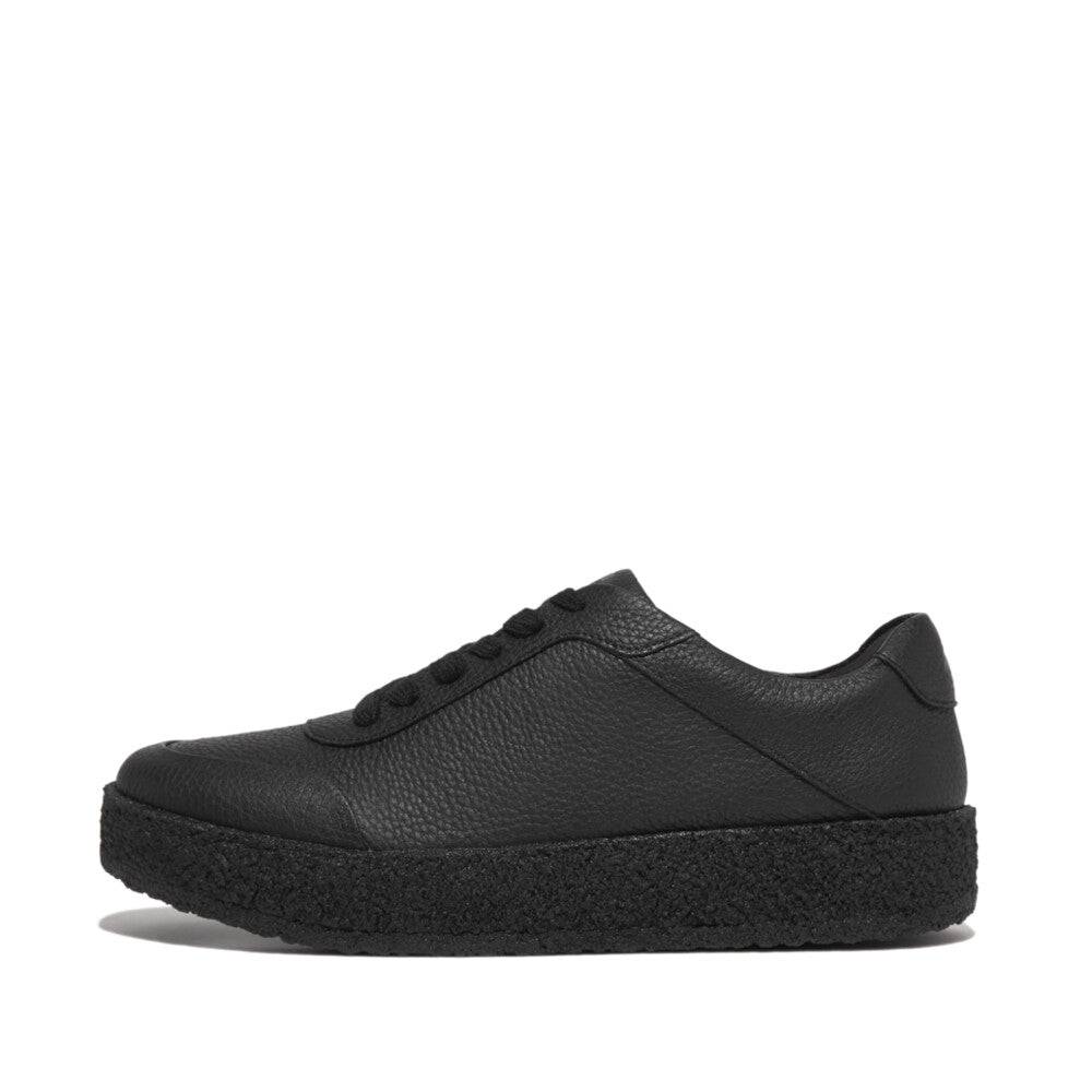 FitFlop GL9-090 Rally Tumbled Ladies All Black Leather Lace Up Trainers-elevate your sole