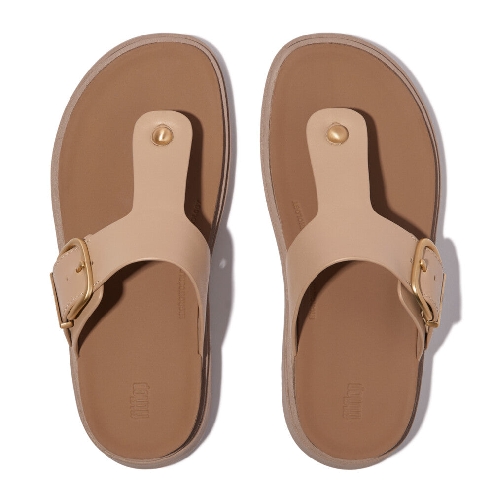 FitFlop HE7-B41 Gen-FF women's wide beige leather buckle sandals with cushioned footbed and adjustable strap.
