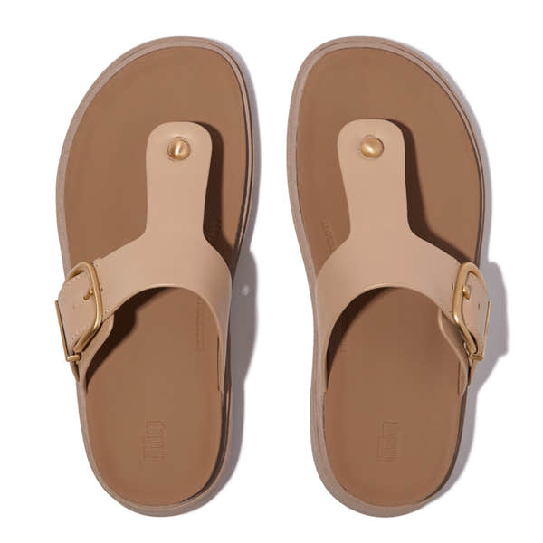 FitFlop HE7-B41 Gen-FF women's wide beige leather buckle sandals with cushioned footbed and adjustable strap.