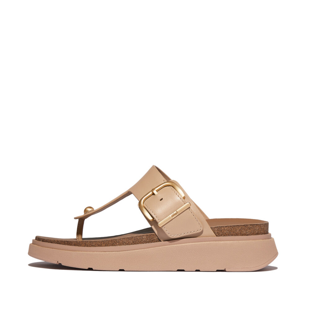 FitFlop HE7-B41 Ladies Wide Beige Leather Buckle Sandals with Cushioned Footbed and Adjustable Strap.