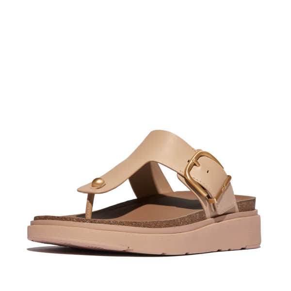 FitFlop HE7-B41 Ladies Wide Beige Leather Buckle Sandals with adjustable strap and cushioned sole.